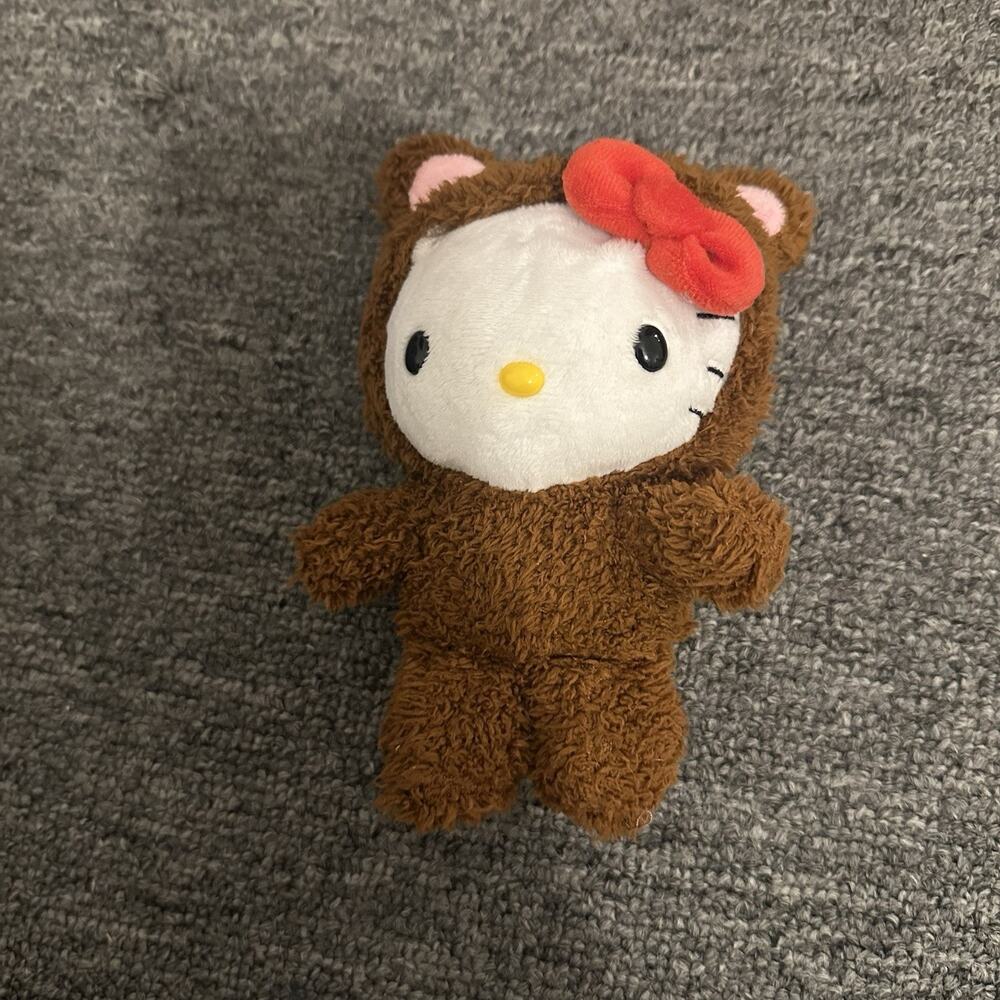 Hello Kitty Plush Cat In Brown Fuzzy Teddy Bear Outfit Sanrio Stuffed Animal 6”
